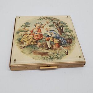 Vintage Gold Toned Powder Compact Victorian Courting Scene Mirror 4" Square